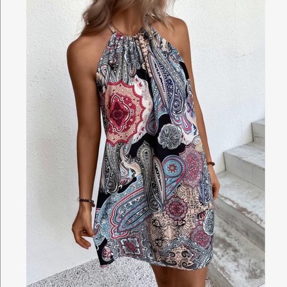 Boho Floral Paisley Print Halter Mini Dress - Picture 3 of 11